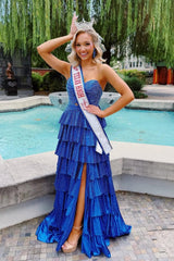 Dressystars Strapless Hot A-Line Prom Dress With Keyhole Bodice Ruffle Skirt Slit And Lace Up Back Formal Evening Gown