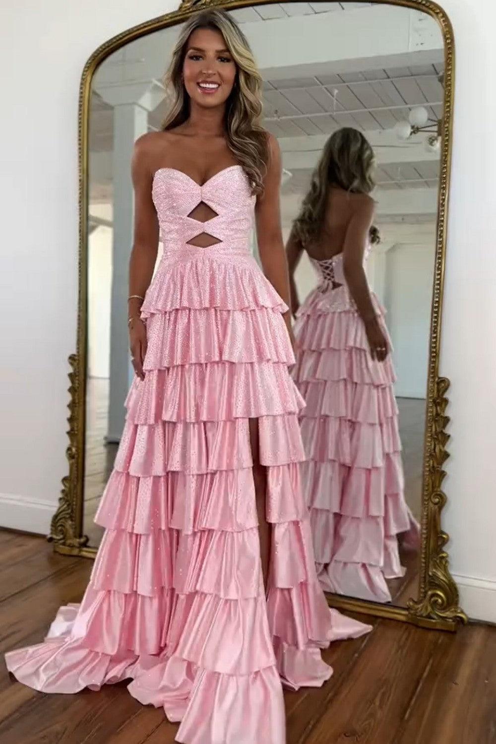 Dressystars Strapless Hot A-Line Prom Dress With Keyhole Bodice Ruffle Skirt Slit And Lace Up Back Formal Evening Gown