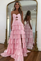 Dressystars Strapless Hot A-Line Prom Dress With Keyhole Bodice Ruffle Skirt Slit And Lace Up Back Formal Evening Gown