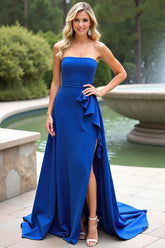 Dressystars Strapless Royal Blue Wedding Guest Dress A Line Ruffled Long Formal Dress With Slit