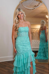 Dressystars Stunning Mermaid Strapless Zipper Back Lace Corset Prom Dress With Ruffle Skirt Formal Evening Gown