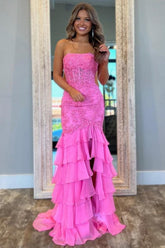 Dressystars Stunning Mermaid Strapless Zipper Back Lace Corset Prom Dress With Ruffle Skirt Formal Evening Gown