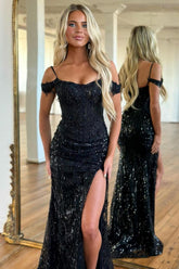 Dressystars Stunning Sequin Black Off-Shoulder Prom Dress With High-Slit For A Bold Look Formal Evening Gown