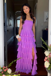 Dressystars Stylish A Line Strapless Purple Long Prom Dress With Ruffles Split Front Formal Evening Gown