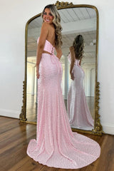 Dressystars Stylish Blush Pink Halter Satin Top Two Piece Mermaid Prom Dress With Pearls Formal Evening Gown
