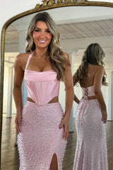 Dressystars Stylish Blush Pink Halter Satin Top Two Piece Mermaid Prom Dress With Pearls Formal Evening Gown