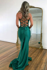 Dressystars Stylish Mermaid Spaghetti Straps Green Long Satin Prom Dress With Lace Up Formal Evening Gown