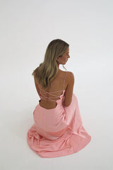 Dressystars Stylish Sheath Spaghetti Straps Pink Party Dress With Criss Cross Back Formal Evening Gown