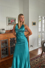 Dressystars Stylish Sheath V Neck Green Long Party Dress With Open Back Bowknot Formal Evening Gown