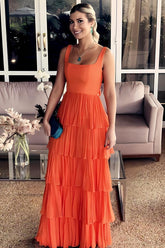 Dressystars Sunset Orange Backless Tiered Ruffle Prom Dress With Oversized Bow Formal Evening Gown