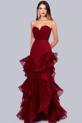 Dressystars Sweetheart Burgundy Wedding Guest Dress Ruffled Sheath Formal Dress With Ruffles