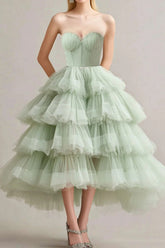 Dressystars Sweetheart Corset A Line Sage Wedding Guest Dress Tulle Tiered Long Prom Dress With Ruffles