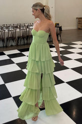 Dressystars Sweetheart Light Green Layered Ruffle Evening Dress With Slit Formal Evening Gown