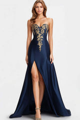 Dressystars Sweetheart Satin Beaded Navy Blue Wedding Guest Dress A Line Long Formal Dress With Slit