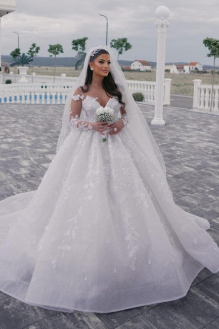 Dressystars Sweetheart Wedding Dress Floor Length Sleeve Beaded Tulle Ball Gown Bridal Gown With Appliques