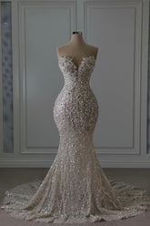 Dressystars Sweetheart Wedding Dress Mermaid Sleeveless Beaded Lace Bridal Gown