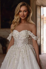 Dressystars Sweetheart Wedding Dress Off The Shoulder Sequined Lace Ball Gown Bridal Gown with Handmake Flowers
