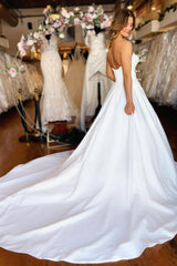 Dressystars Sweetheart White Wedding Dress Strapless A Line Satin Bridal Gown With Pockets