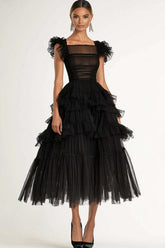 Dressystars Tea Length Black Wedding Guest Dress A-Line Flatter Sleeves Tulle Formal Dress With Ruffles