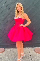 Dressystars Trendy Fuchsia Homecoming Dress Corset A Line Strapless Short Prom Dress with Beadings