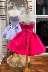 Dressystars Trendy Fuchsia Homecoming Dress Corset A Line Strapless Short Prom Dress with Beadings