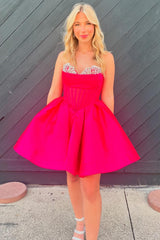 Dressystars Trendy Fuchsia Homecoming Dress Corset A Line Strapless Short Prom Dress with Beadings
