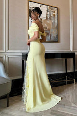 Dressystars Trendy Mermaid Off The Shoulder Yellow Long Party Dress With Lace Split Front Formal Evening Gown