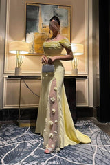 Dressystars Trendy Mermaid Off The Shoulder Yellow Long Party Dress With Lace Split Front Formal Evening Gown