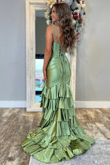 Dressystars Trendy Mermaid V-Neck Sage Green Long Prom Dress With Ruffles Formal Evening Gown