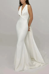 Dressystars Trumpet Mermaid Halter Plunge Neck Sleeveless Detachable Train Matte Satin Wedding Dress