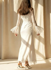 Dressystars Trumpet Mermaid High Neck Long Sleeves Ankle Length Lace Satin Wedding Dress with Flower