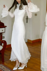 Dressystars Trumpet Mermaid High Neck Long Sleeves Ankle Length Lace Satin Wedding Dress with Flower