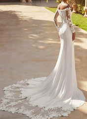 Dressystars Trumpet Mermaid Off the Shoulder Long Sleeves Chapel Train Lace Satin Wedding Dress with Appliques