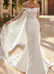 Dressystars Trumpet Mermaid Off the Shoulder Long Sleeves Chapel Train Lace Satin Wedding Dress with Appliques