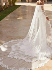 Dressystars Trumpet Mermaid Off the Shoulder Long Sleeves Chapel Train Lace Satin Wedding Dress with Appliques