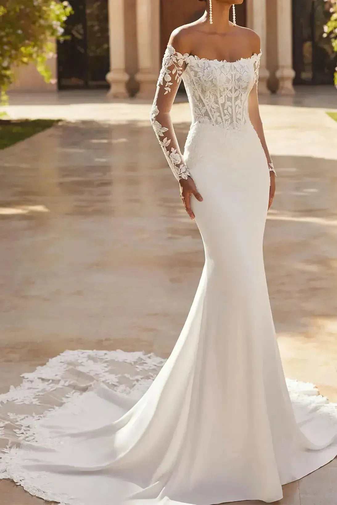 Dressystars Trumpet Mermaid Off the Shoulder Long Sleeves Chapel Train Lace Satin Wedding Dress with Appliques
