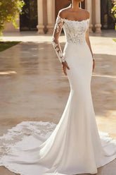 Dressystars Trumpet Mermaid Off the Shoulder Long Sleeves Chapel Train Lace Satin Wedding Dress with Appliques