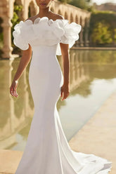 Dressystars Trumpet Mermaid Off the Shoulder Short Sleeves Chapel Train Elastic Satin Wedding Dress