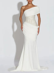Dressystars Trumpet Mermaid One Shoulder Sleeveless Sweep Train Elastic Satin Wedding Dress with Beading