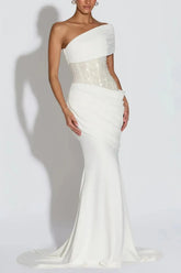 Dressystars Trumpet Mermaid One Shoulder Sleeveless Sweep Train Elastic Satin Wedding Dress with Beading