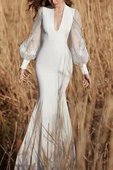 Dressystars Trumpet Mermaid Plunge Neck Detachable Sleeves Sweep Train Satin Wedding Dress