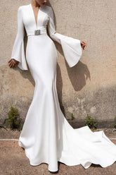 Dressystars Trumpet Mermaid Plunge Neck Long Sleeves Court Train Elastic Satin Wedding Dress