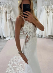 Dressystars Trumpet Mermaid Plunge Neck Sleeveless Court Train Elastic Satin Wedding Dress with Appliques