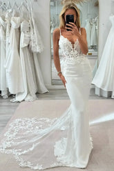 Dressystars Trumpet Mermaid Plunge Neck Sleeveless Court Train Elastic Satin Wedding Dress with Appliques
