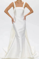 Dressystars Trumpet Mermaid Scoop Neck Sleeveless Satin Wedding Dress with Detachable Bow Train