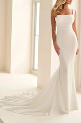 Dressystars Trumpet Mermaid Square Neckline Sleeveless Court Train Crepe Satin Wedding Dress with Bow