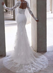 Dressystars Trumpet Mermaid Sweetheart Long Sleeves Court Train Elastic Satin Wedding Dress with Appliques