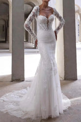 Dressystars Trumpet Mermaid Sweetheart Long Sleeves Court Train Elastic Satin Wedding Dress with Appliques