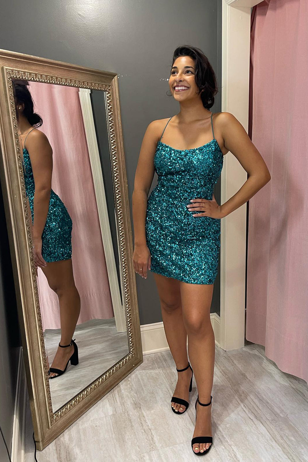 Dressystars Turquoise Homecoming Dress Sequined Tight Short Prom Dress
