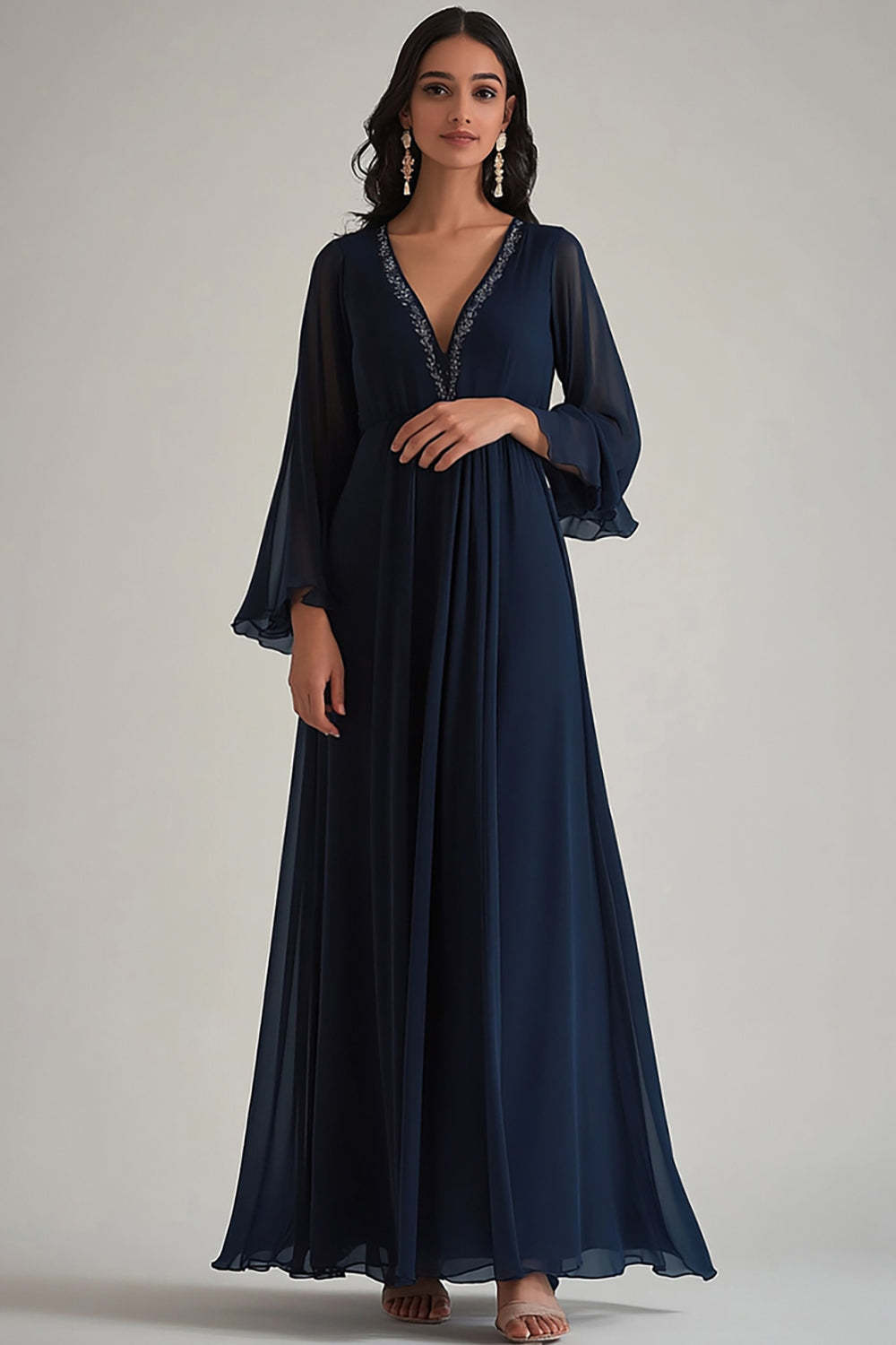Dressystars V-Neck Chiffon Navy Wedding Guest Dress Deep Long Formal Dress With Sleeves